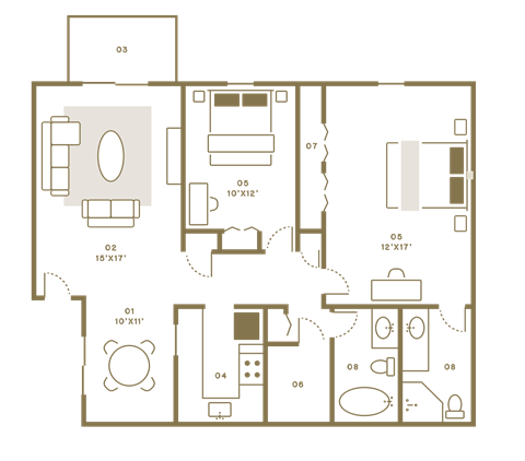 Floor plan for 2 beds, 2 baths, 1232 sqft